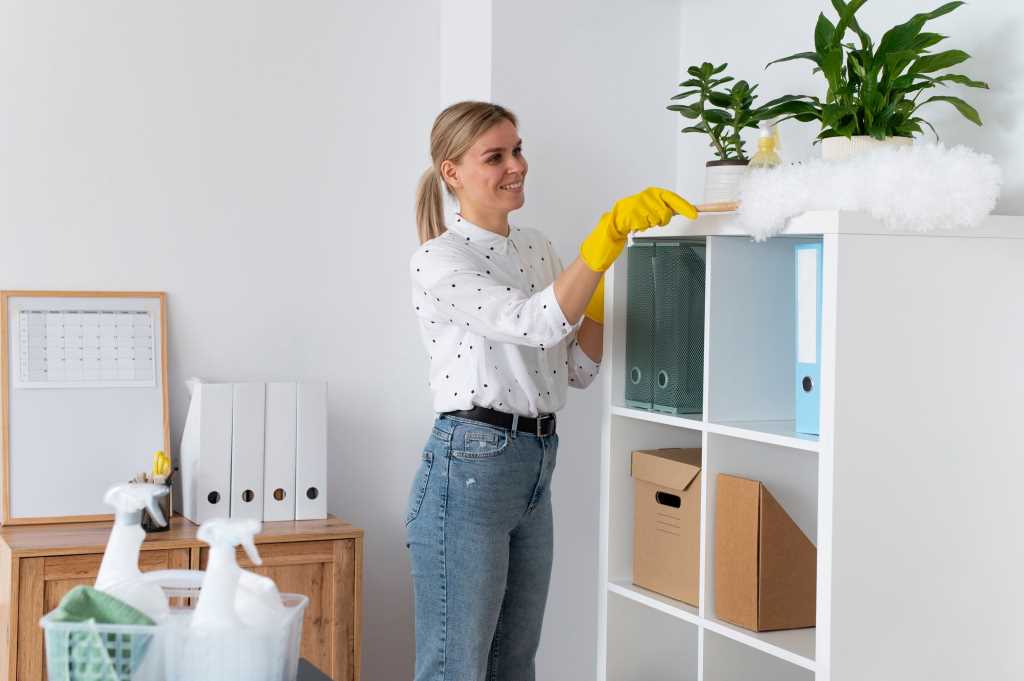 Woman cleaning her room