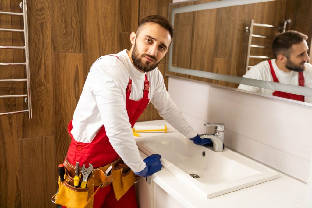 Professional plumber with plunger and instruments near sink