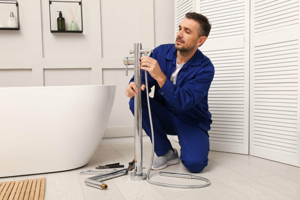 Professional plumber installing water tap in bathroom
